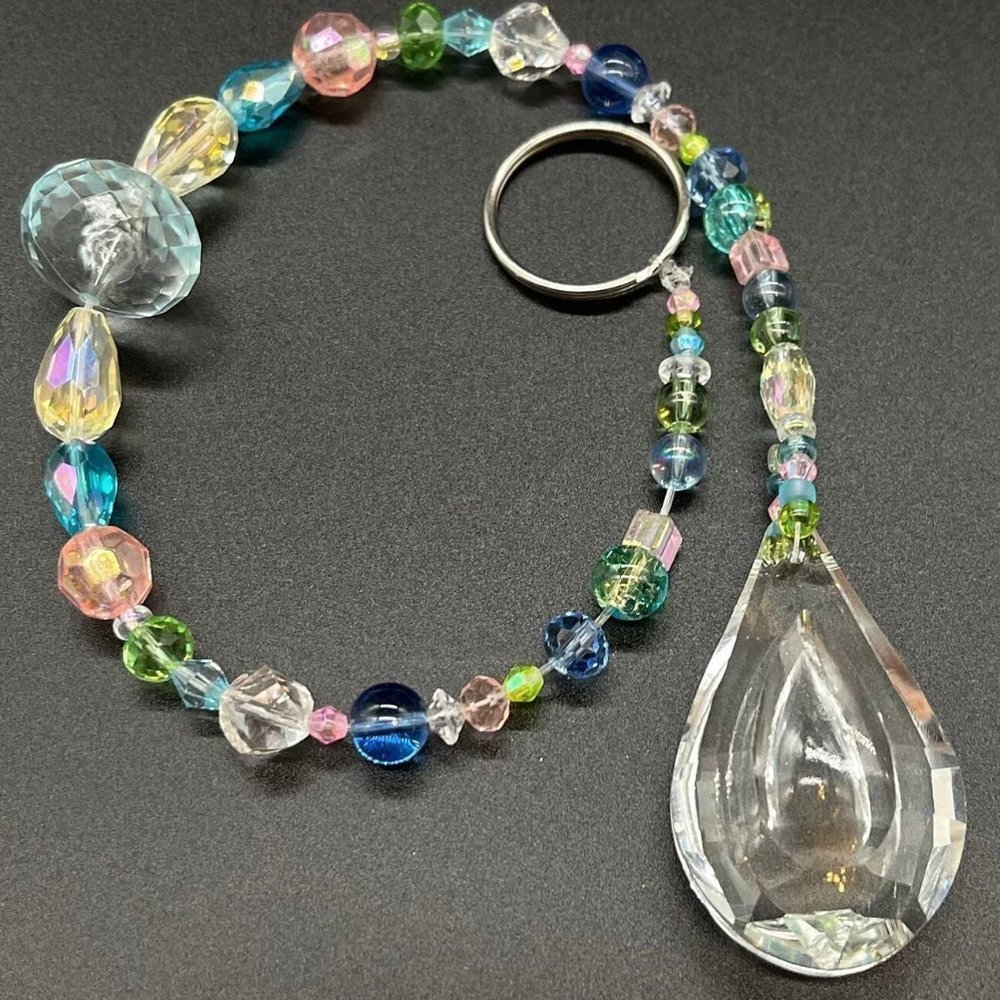 Handmade Beaded Suncatcher  - Pastel  - Clear Crystal Prism - Hanging Decor - Picture 2 of 14